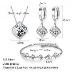 Köp billiga silver smycken Cube Zirkon Square Dangle Diamantkub 925 Silver Halsband armband örhängen smycken set smyckeset 2