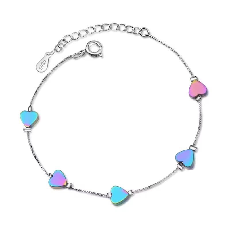 925 Sterling silver armband med färgskiftande regnbågshjärtan