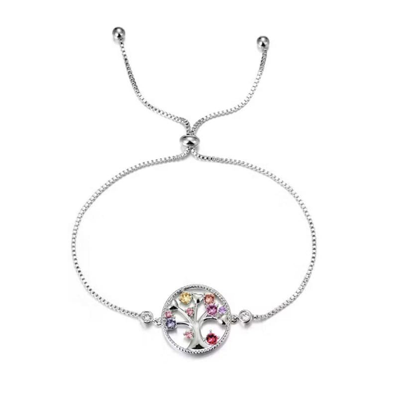 Vackert 925 silverarmband: Livets Träd, färgade kristaller, justerbart.